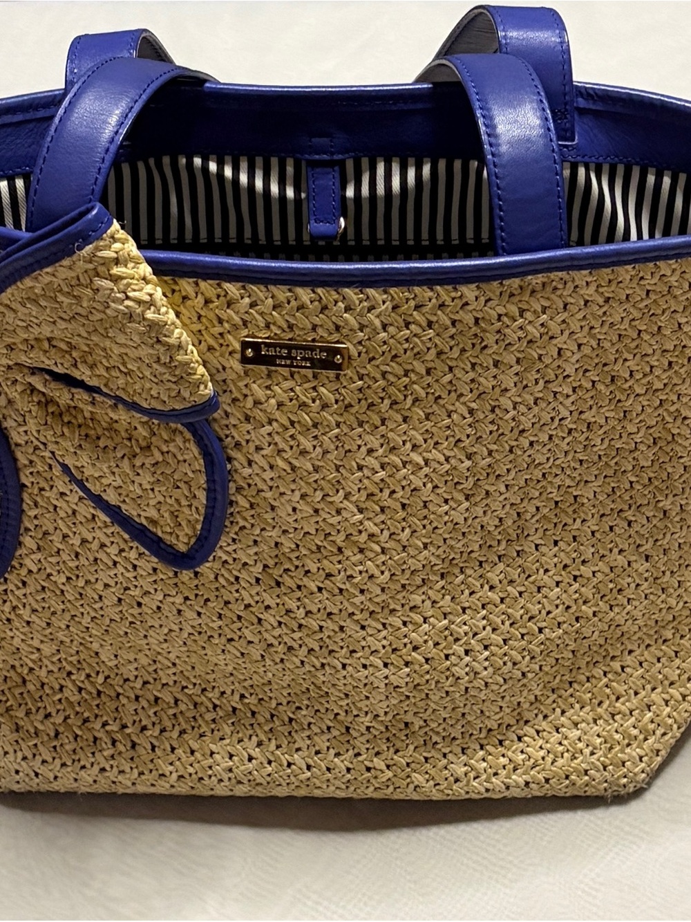 Kate Spade New York Straw Woven Tote Bag Blue Leather Trim Bow Accent - Picture 2 of 13